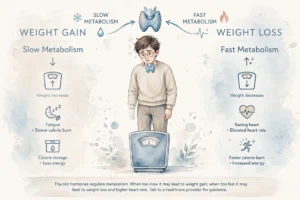 Illustration of person on weighing scale showing thyroid-related weight gain from slow metabolism and weight loss from fast metabolism