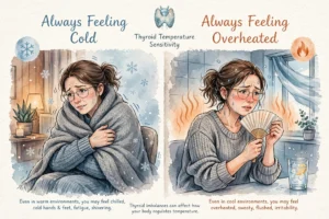 Woman feeling always cold wrapped in blanket vs always overheated and sweating - thyroid temperature sensitivity illustration
