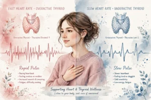 Woman checking heart rate with fast pulse from overactive thyroid and slow pulse from underactive thyroid - EKG illustration