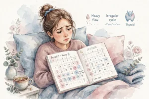 Woman looking at calendar tracking heavy flow and irregular cycle linked to thyroid imbalance illustration