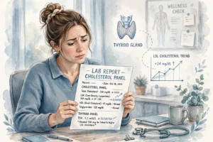 Woman confused looking at lab report showing high LDL cholesterol linked to thyroid gland - thyroid and cholesterol connection illustration